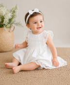 Ivory Blossom Lace Linen Dress & Bloomer - White