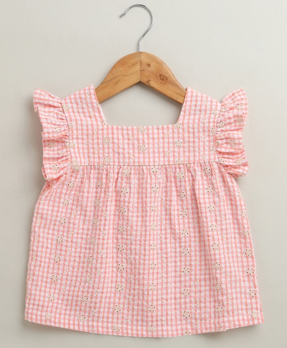 Baby Girls Gingham Daisy Organic Cotton Co-ord Set with a Hat - Soft Pink