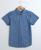 Short Sleeves Cotton Denim Shirt - Blue