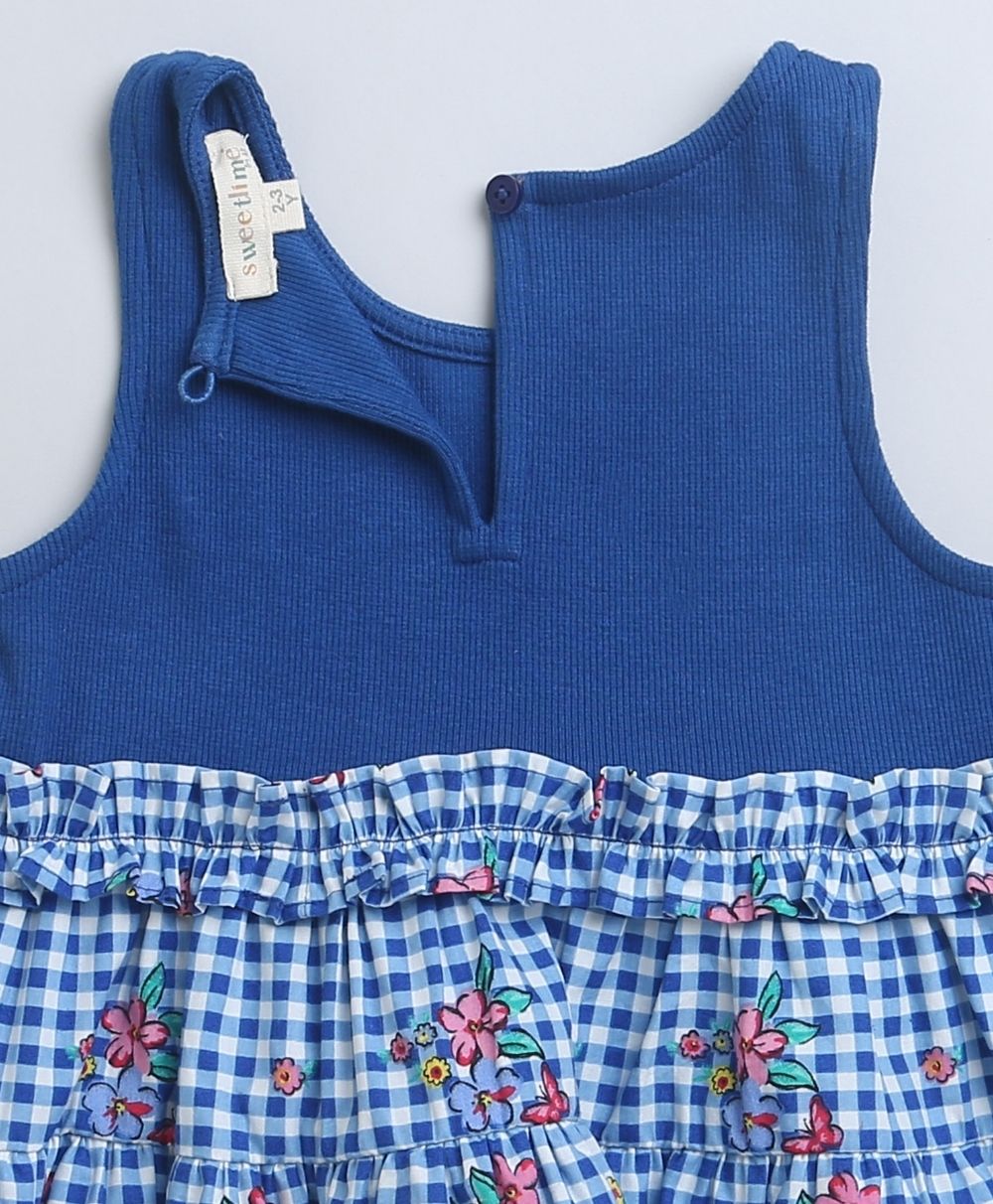 Checks Flared Cotton Printed Dress - Blue