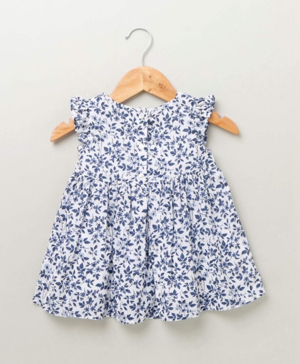 Floral Printed Flutter Sleeves Dress - White & Blue