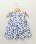 Floral Printed Flutter Sleeves Dress - White & Blue