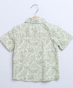 Leaf Printed Cotton Linen Shirt & Shorts Boys Co-ord Set - Olive