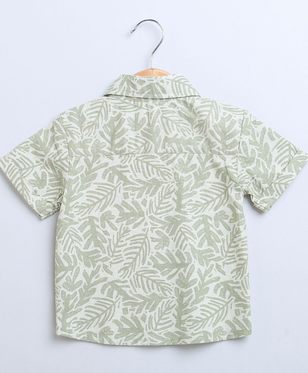 Leaf Printed Cotton Linen Shirt & Shorts Boys Co-ord Set - Olive