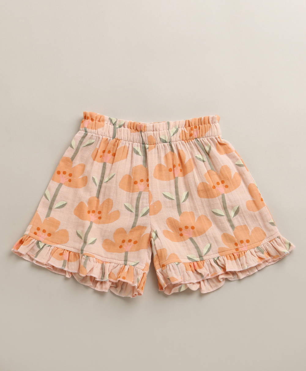Peach Blossom Cotton Top & Shorts Co-ord Set - Peach & Orange