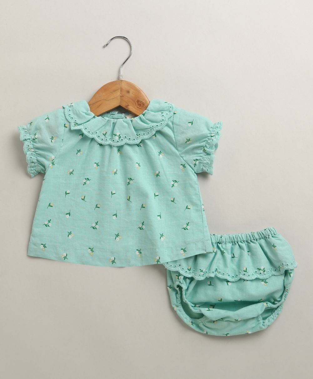 Floral Lace Mint Organic Cotton Top & Bloomer Set – Sea Green