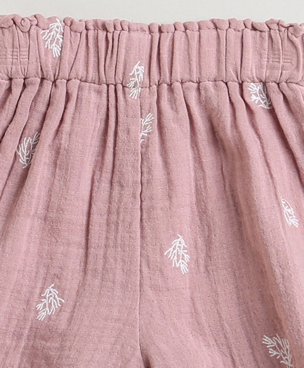Leaf Embroidered Ruffle Organic Cotton Co-ord Set - Dusty Pink