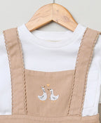 Cotton Twill Pinafore Dress with White Ducks Embroidery - Beige & White