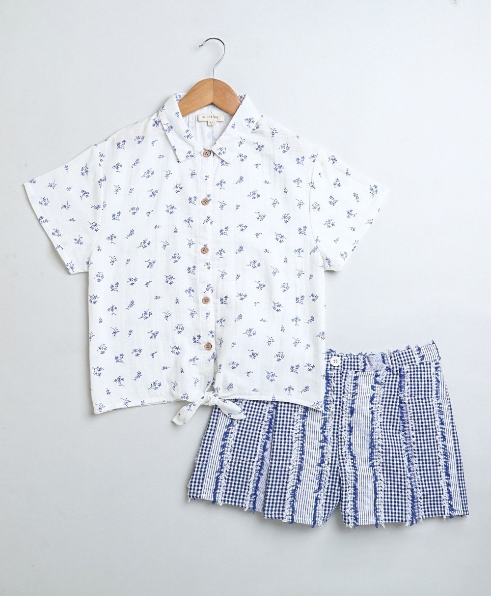 Stylish Floral Print Cotton Shirt & Cotton Jacquard Shorts Set - White & Blue