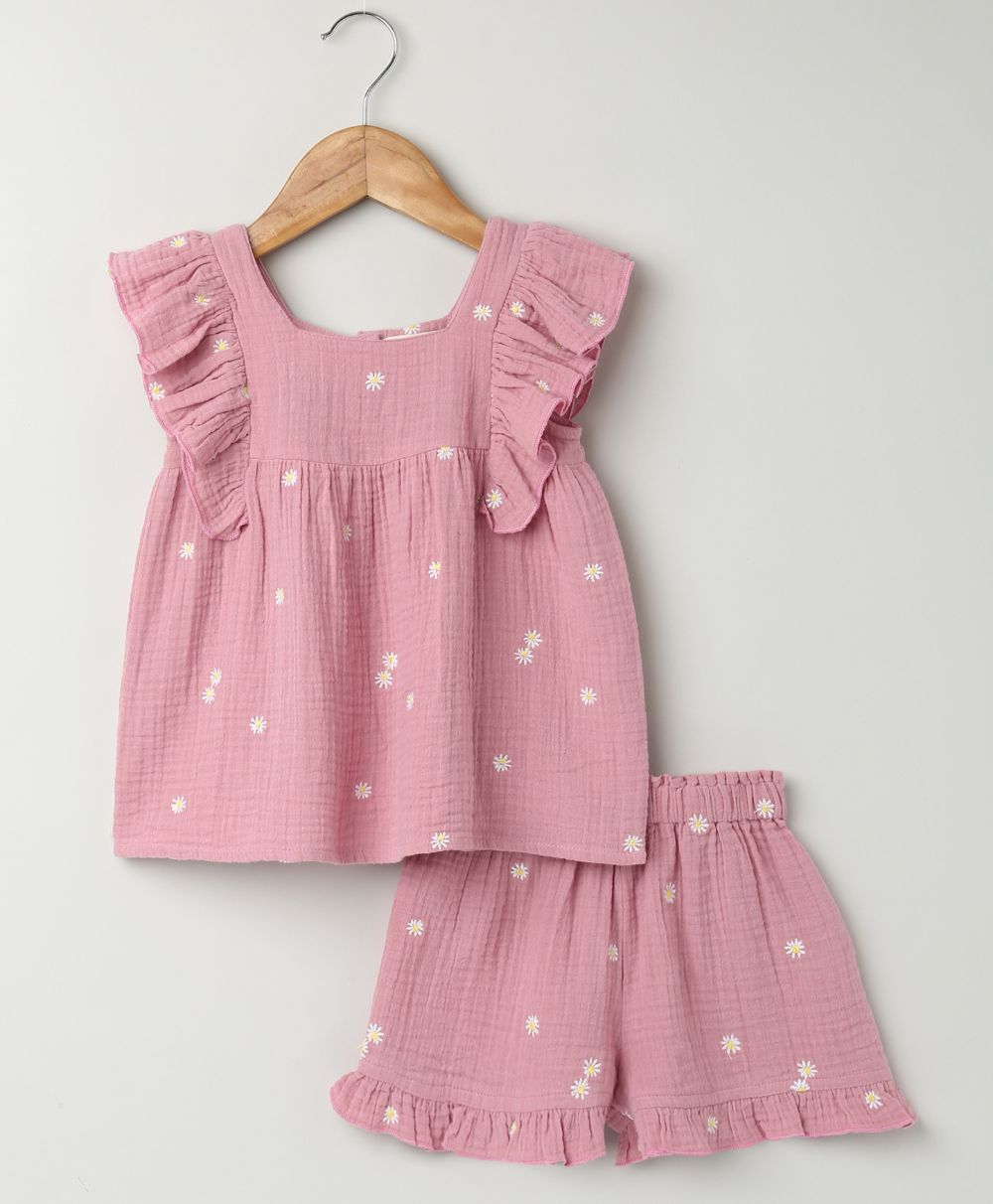 Pink Floral Embroidery Organic Cotton Co-ord Set - Pink