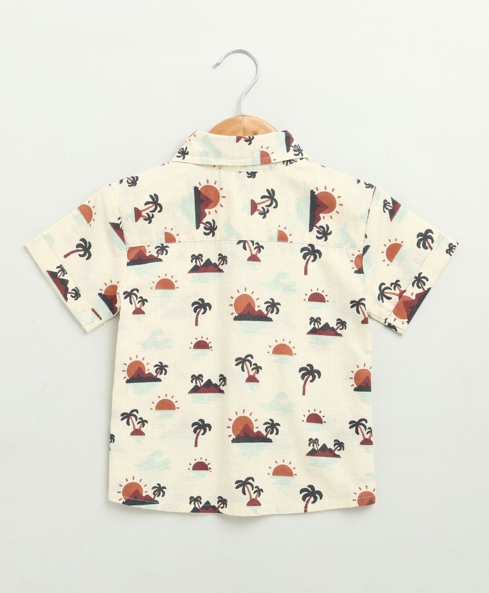Sunset Print Cotton Linen Co-ord Set - Beige