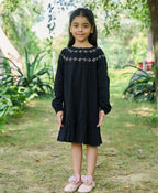 Embroidered Floral & Lace Trim Dress - Black