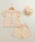 Baby Girls Honey Stripe Organic Cotton Co-ord Set with a Hat - Beige