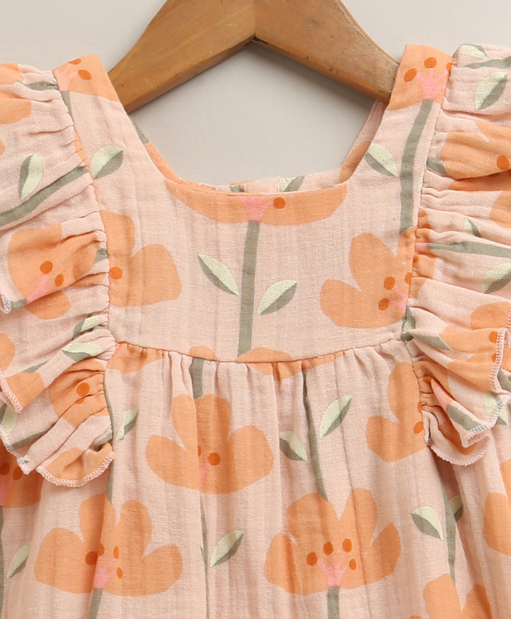 Peach Blossom Cotton Top & Shorts Co-ord Set - Peach & Orange