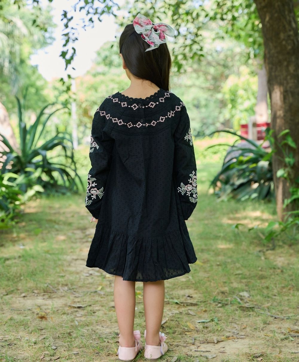 Embroidered Floral & Lace Trim Dress - Black