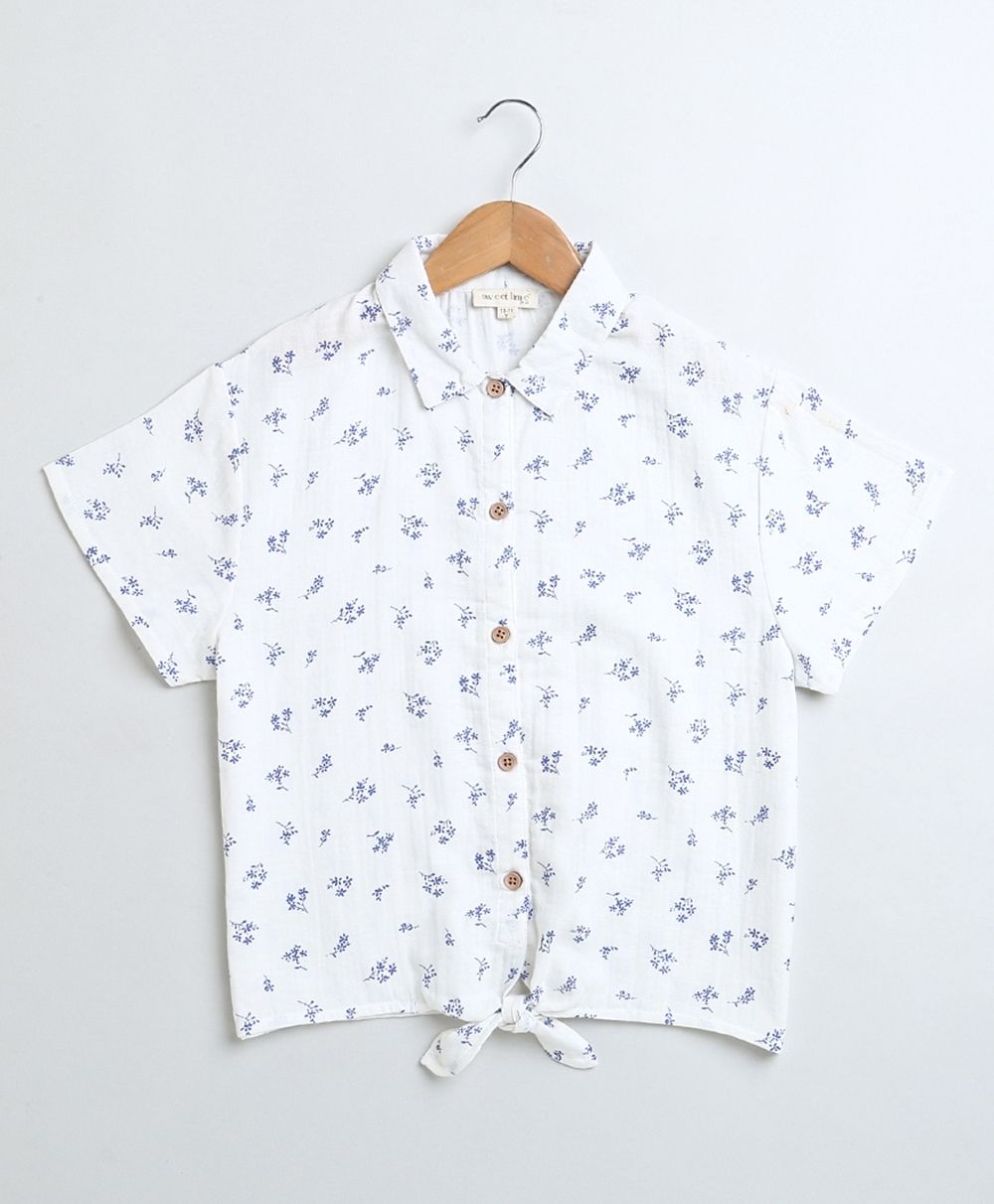 Stylish Floral Print Shirt & Cotton Jacquard Skirt Set - White & Blue