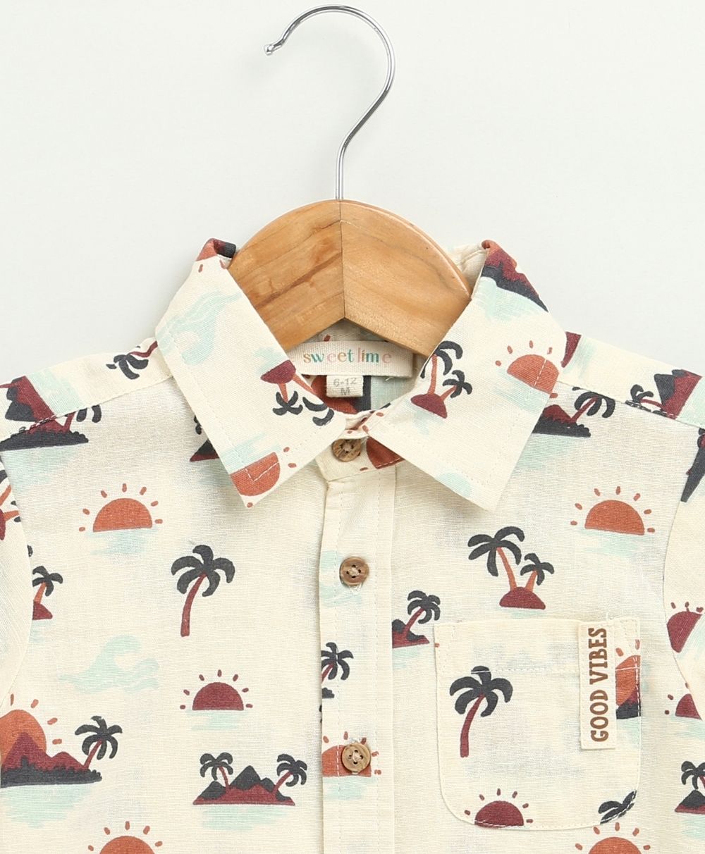 Sunset Print Cotton Linen Co-ord Set - Beige