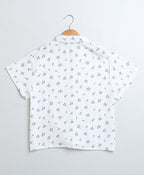 Stylish Floral Print Cotton Shirt & Cotton Jacquard Shorts Set - White & Blue
