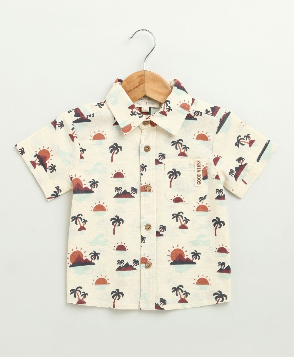 Sunset Print Cotton Linen Co-ord Set - Beige