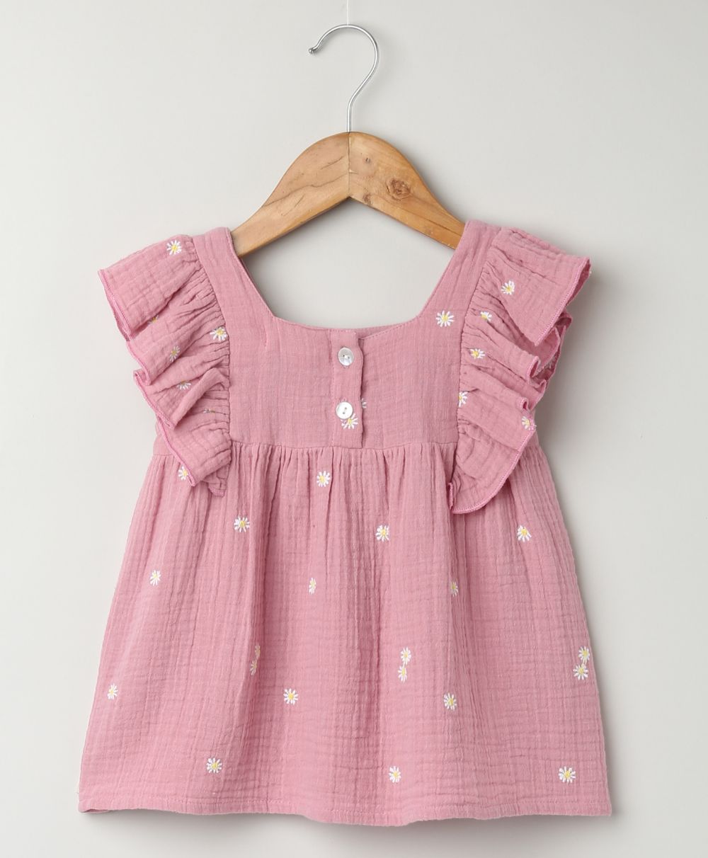 Pink Floral Embroidery Organic Cotton Co-ord Set - Pink