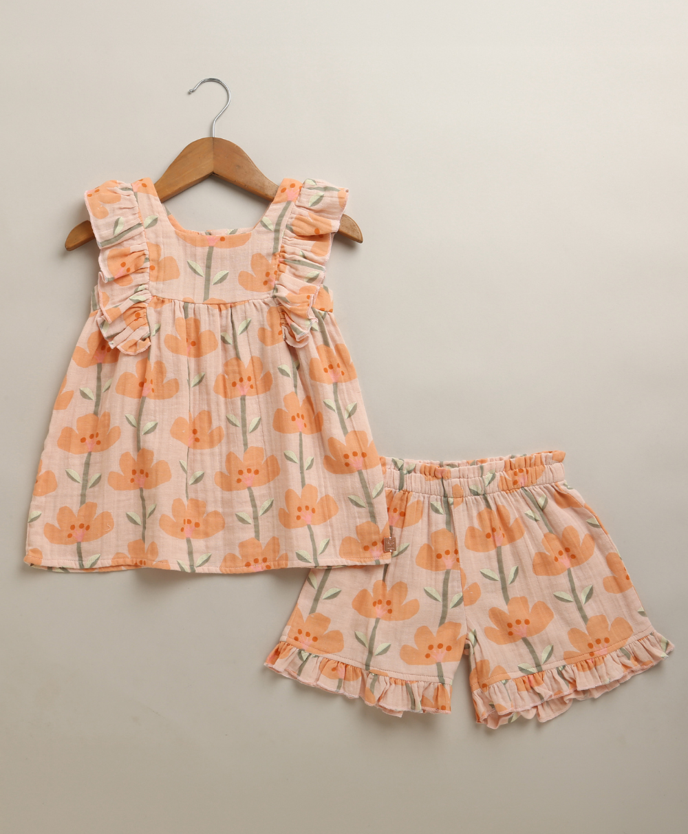 Peach Blossom Cotton Top & Shorts Co-ord Set - Peach & Orange
