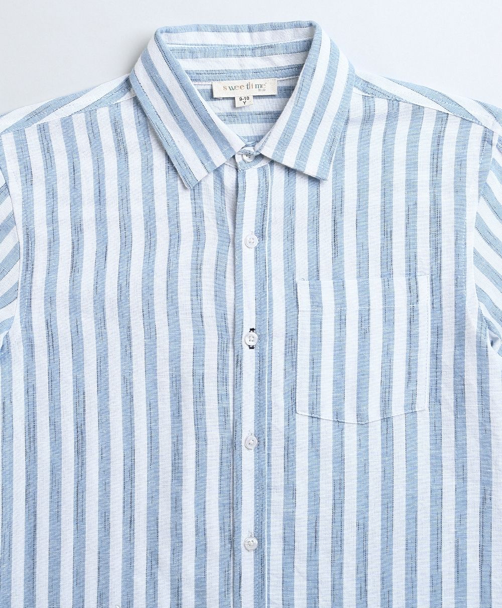 Striped Full Sleeves Cotton Slub Shirt - Blue & White
