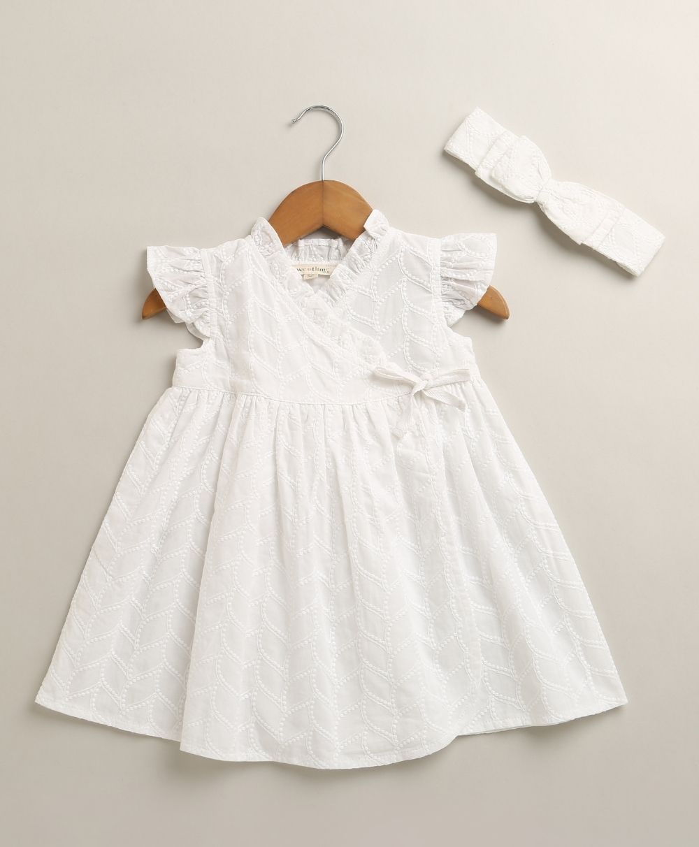 Organic Cotton Angel Pearl Baby Girl Dress with Headband - White