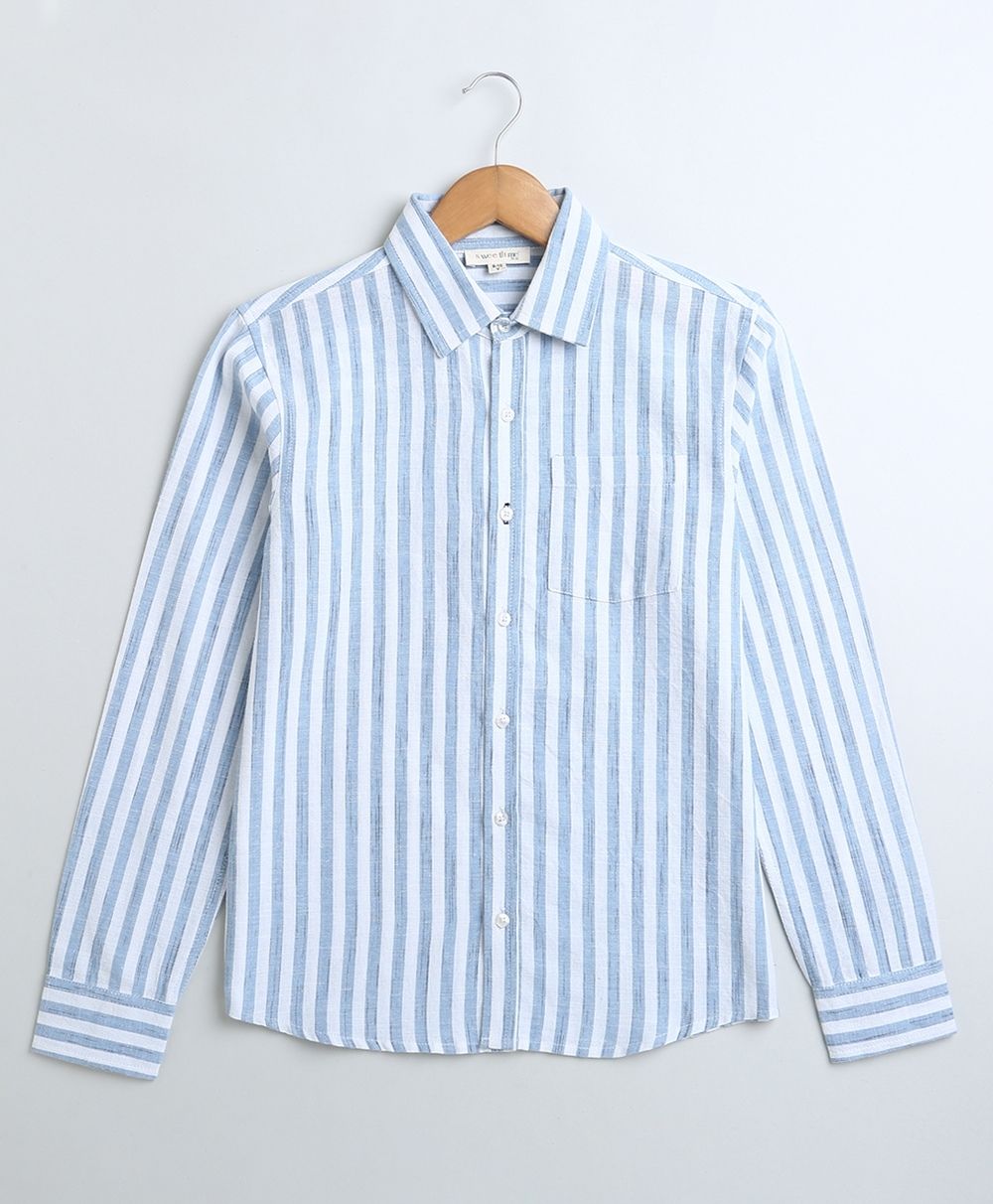 Striped Full Sleeves Cotton Slub Shirt - Blue & White