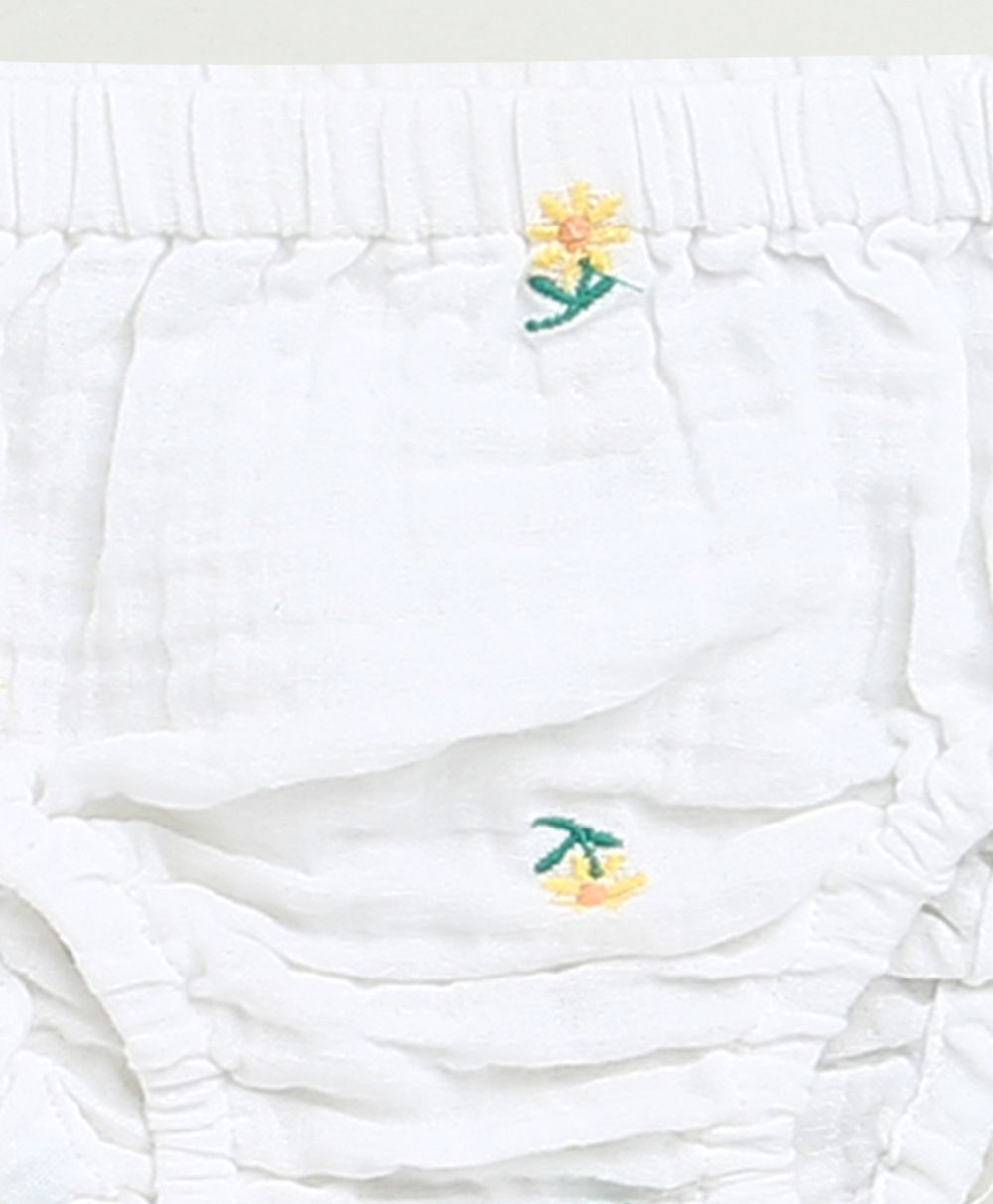 Yellow Floral Embroidery Organic Cotton Co-ord Set - White