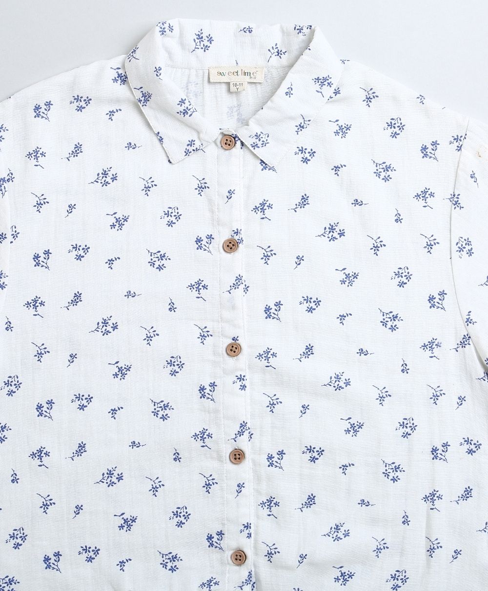 Stylish Floral Print Cotton Shirt & Cotton Jacquard Shorts Set - White & Blue
