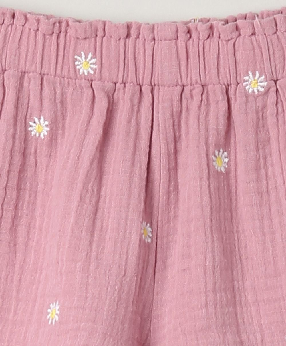 Pink Floral Embroidery Organic Cotton Co-ord Set - Pink