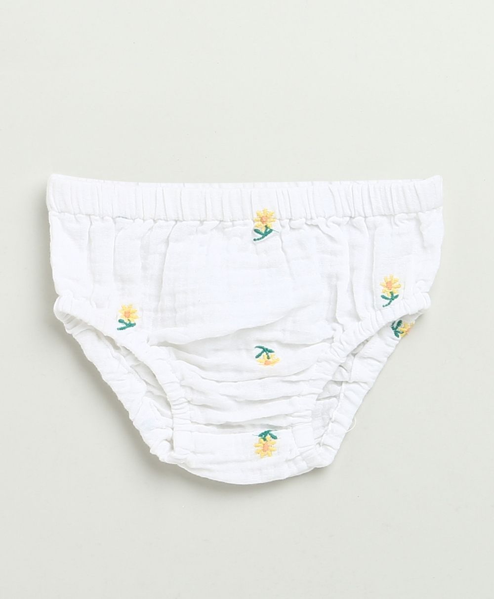 Yellow Floral Embroidery Organic Cotton Co-ord Set - White