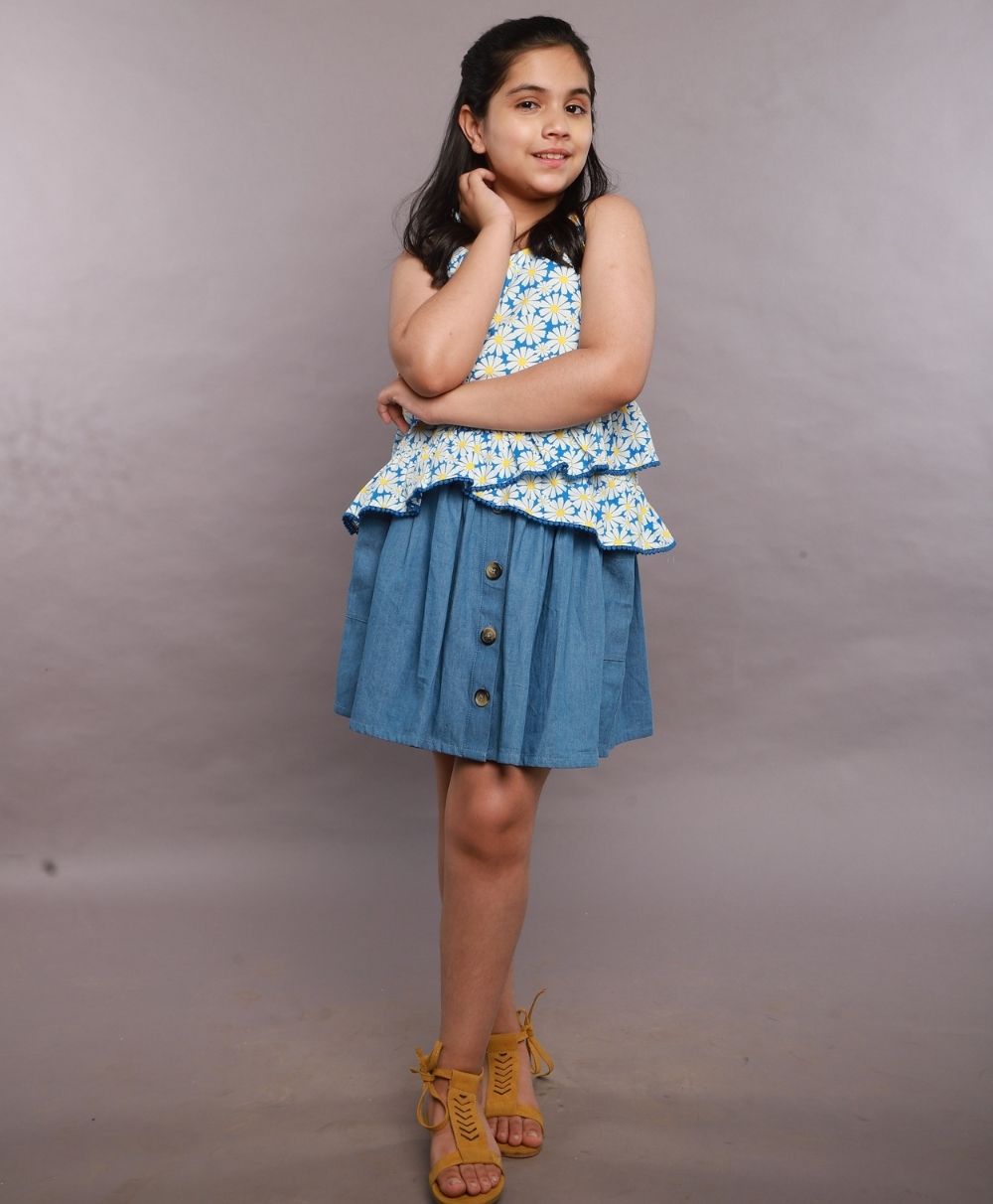 Stylish Floral Print Cotton Top & Soft Denim Skirt Coord Set - Blue