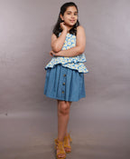 Stylish Floral Print Cotton Top & Soft Denim Skirt Coord Set - Blue