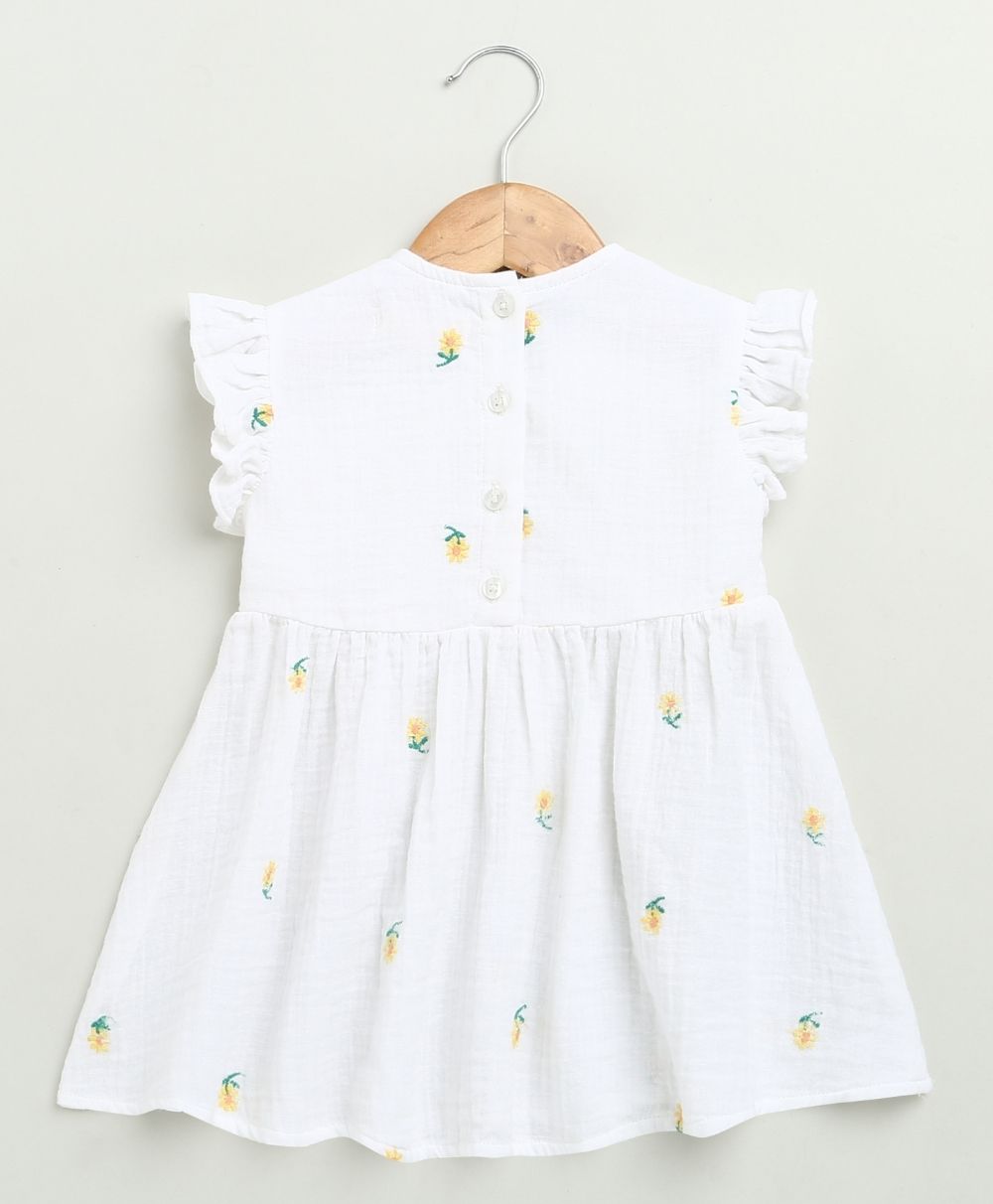 Yellow Floral Embroidery Organic Cotton Co-ord Set - White