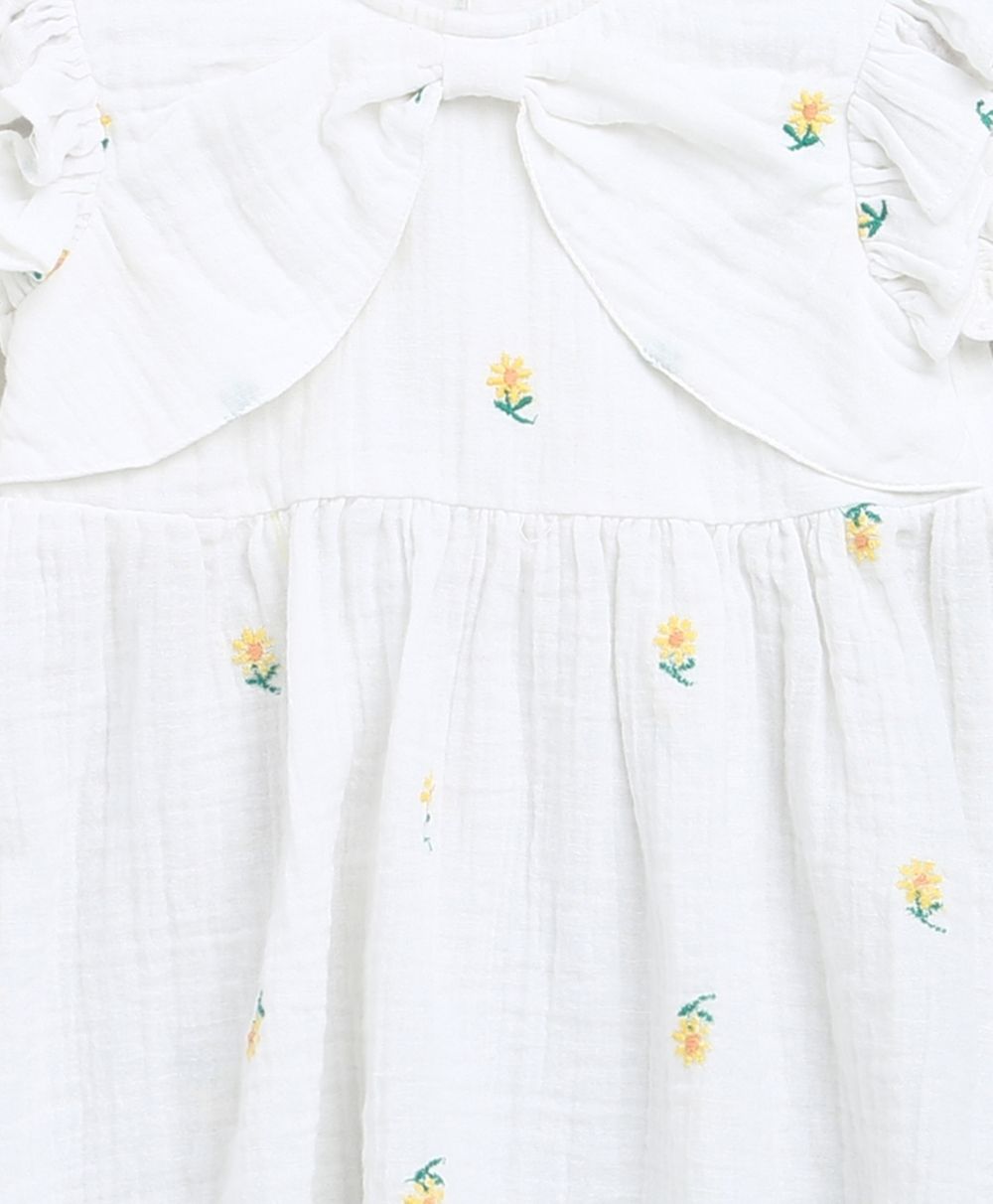 Yellow Floral Embroidery Organic Cotton Co-ord Set - White
