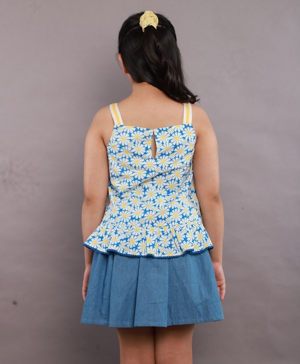 Stylish Floral Print Cotton Top & Soft Denim Skirt Coord Set - Blue
