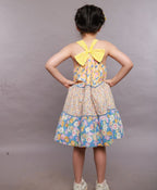 Floral Print Three Tiered Cotton Poplin Dress - Yellow & Blue