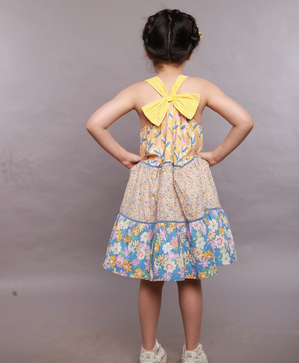 Floral Print Three Tiered Cotton Poplin Dress - Yellow & Blue