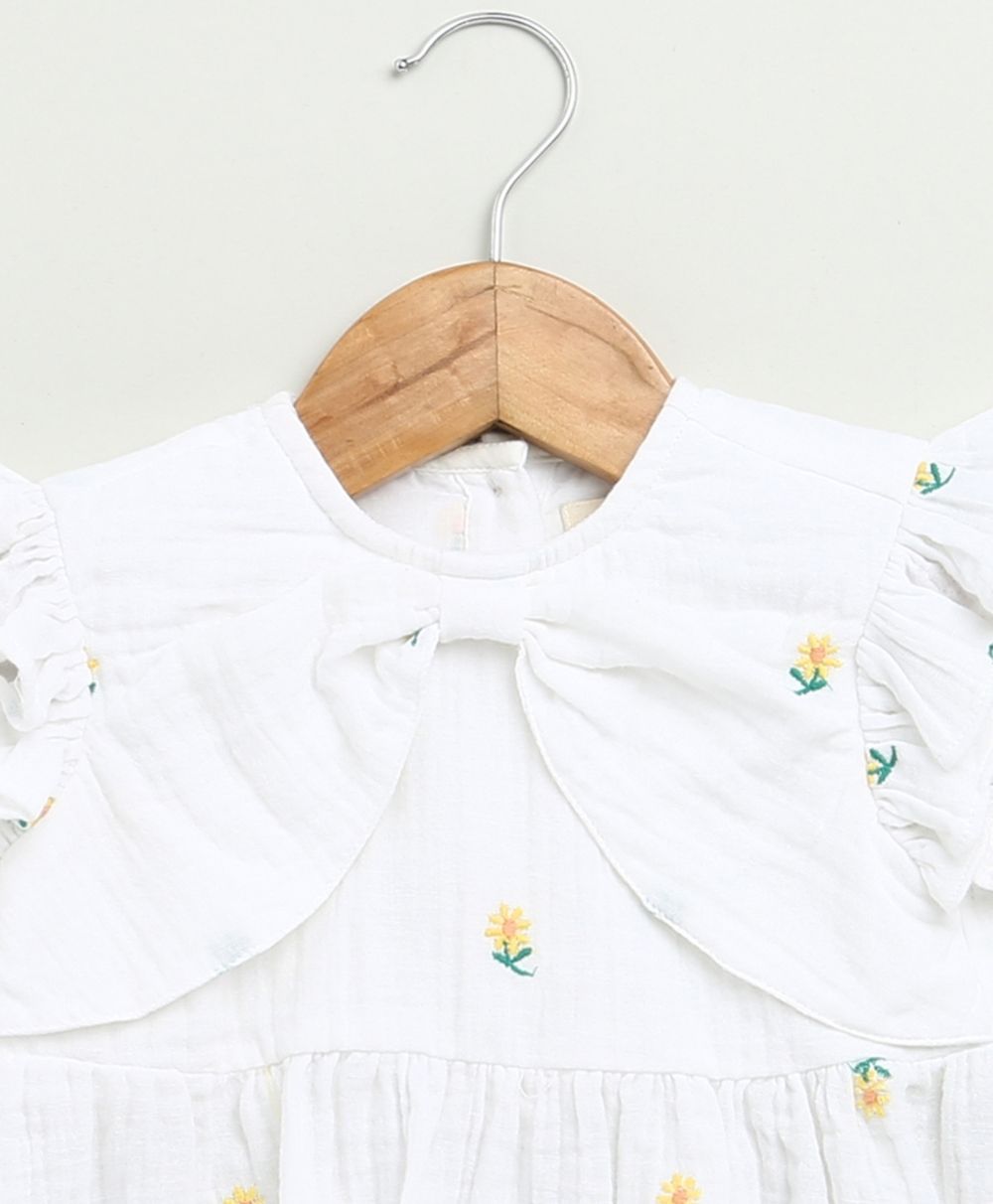 Yellow Floral Embroidery Organic Cotton Co-ord Set - White