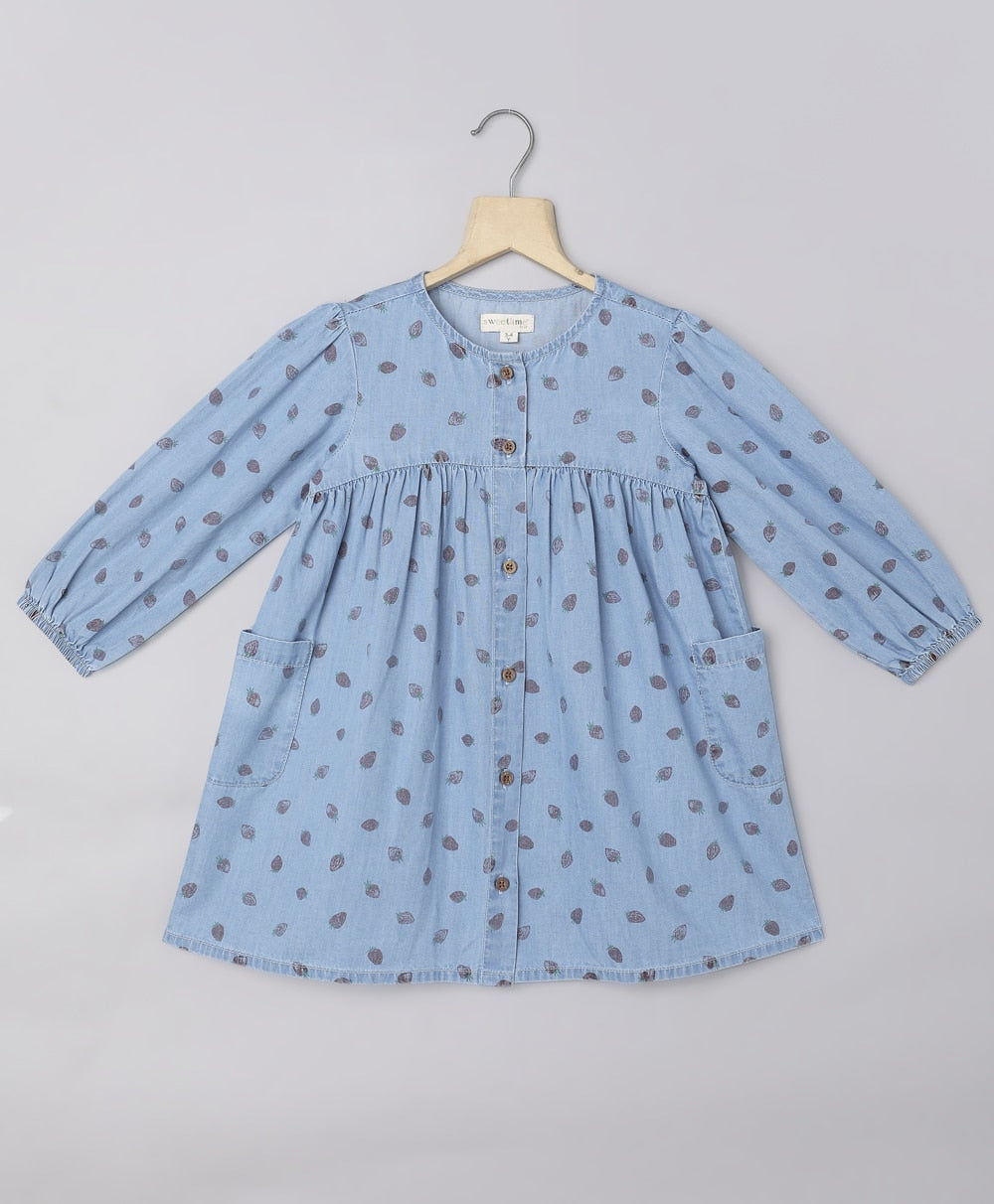 Cotton Denim All over Strawberry Print Dress - Blue