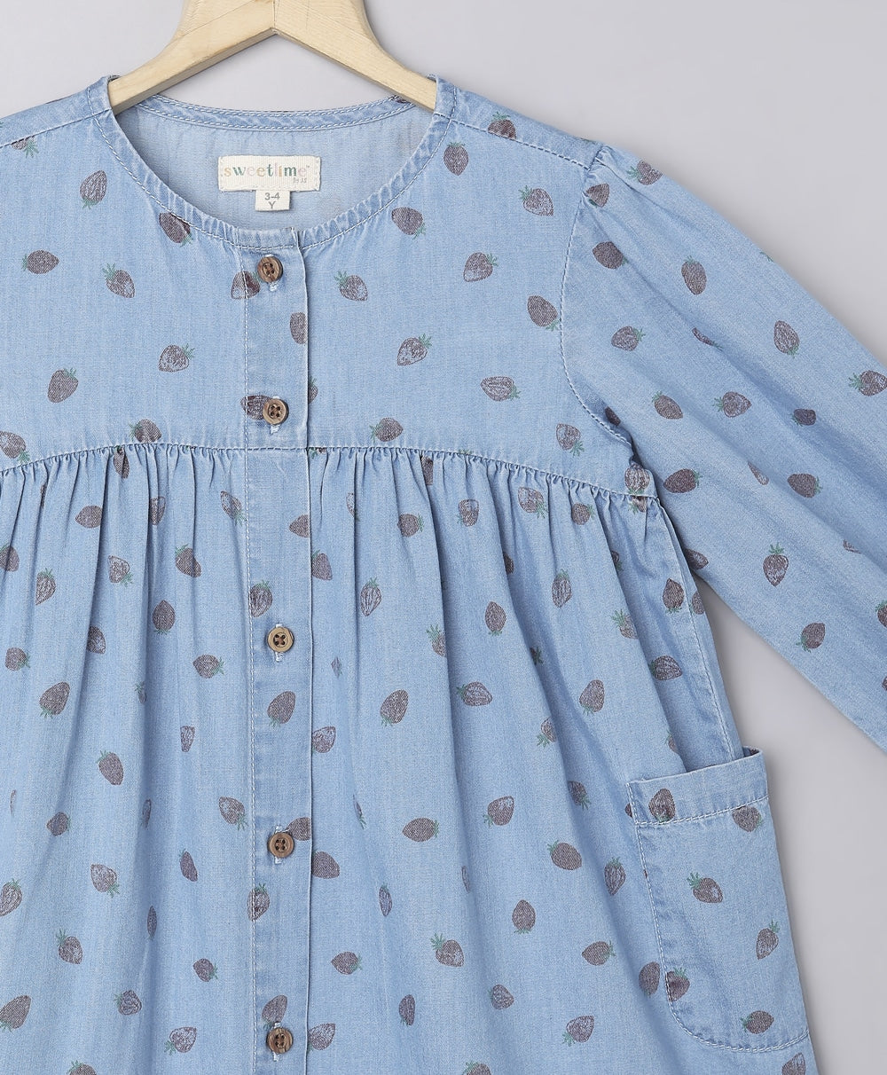 Cotton Denim All over Strawberry Print Dress - Blue
