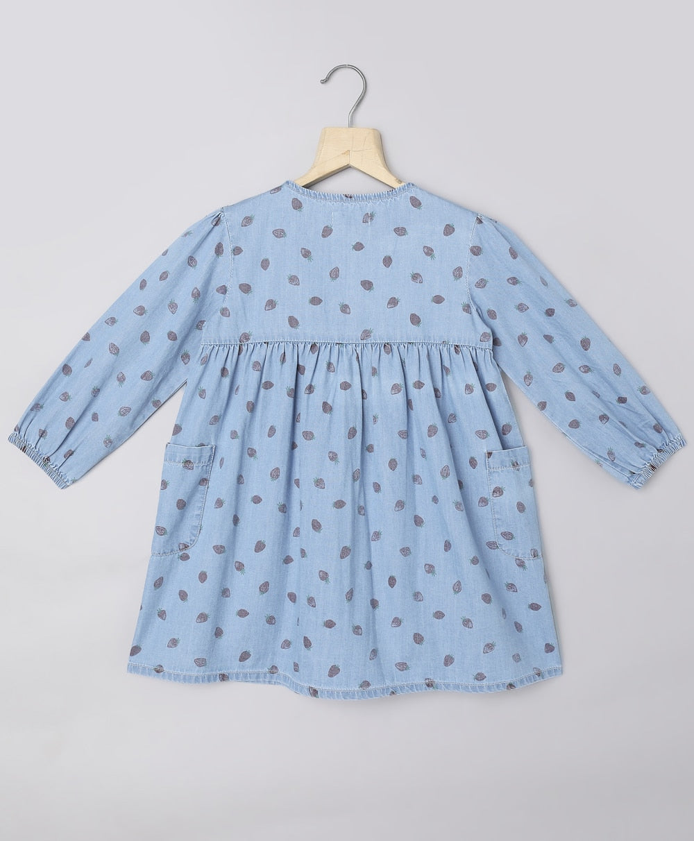 Cotton Denim All over Strawberry Print Dress - Blue