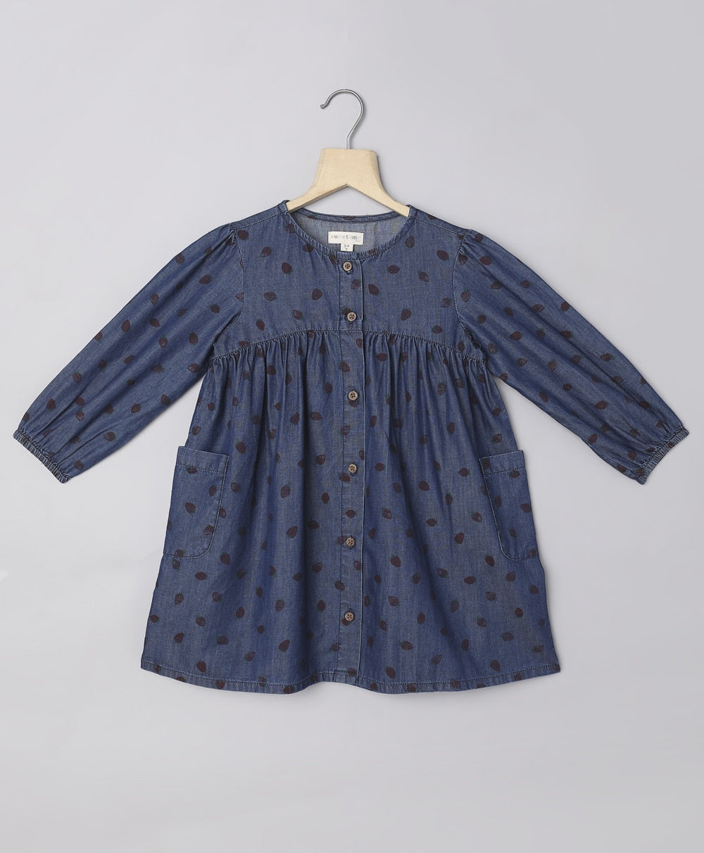 Cotton Denim All over Strawberry Print Dress - Blue