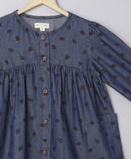 Cotton Denim All over Strawberry Print Dress - Blue