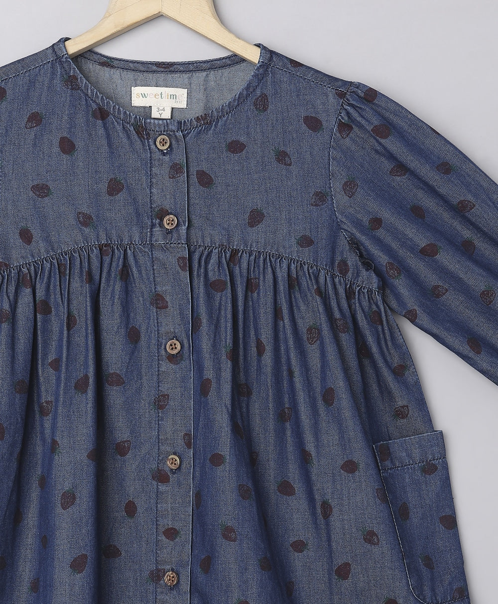 Cotton Denim All over Strawberry Print Dress - Blue