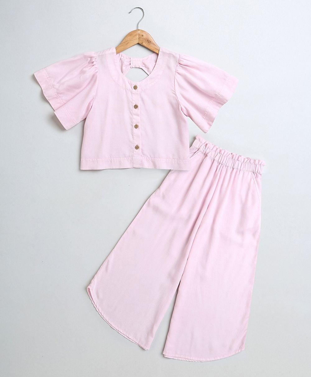 Over Dyed Frill Sleeves Top & Plazzo Pants Co-ord Set - Pink