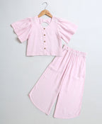 Over Dyed Frill Sleeves Top & Plazzo Pants Co-ord Set - Pink