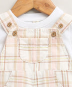 The Little Farmhouse Plaid Organic Cotton Romper & White T-shirt Set - Pink & Beige