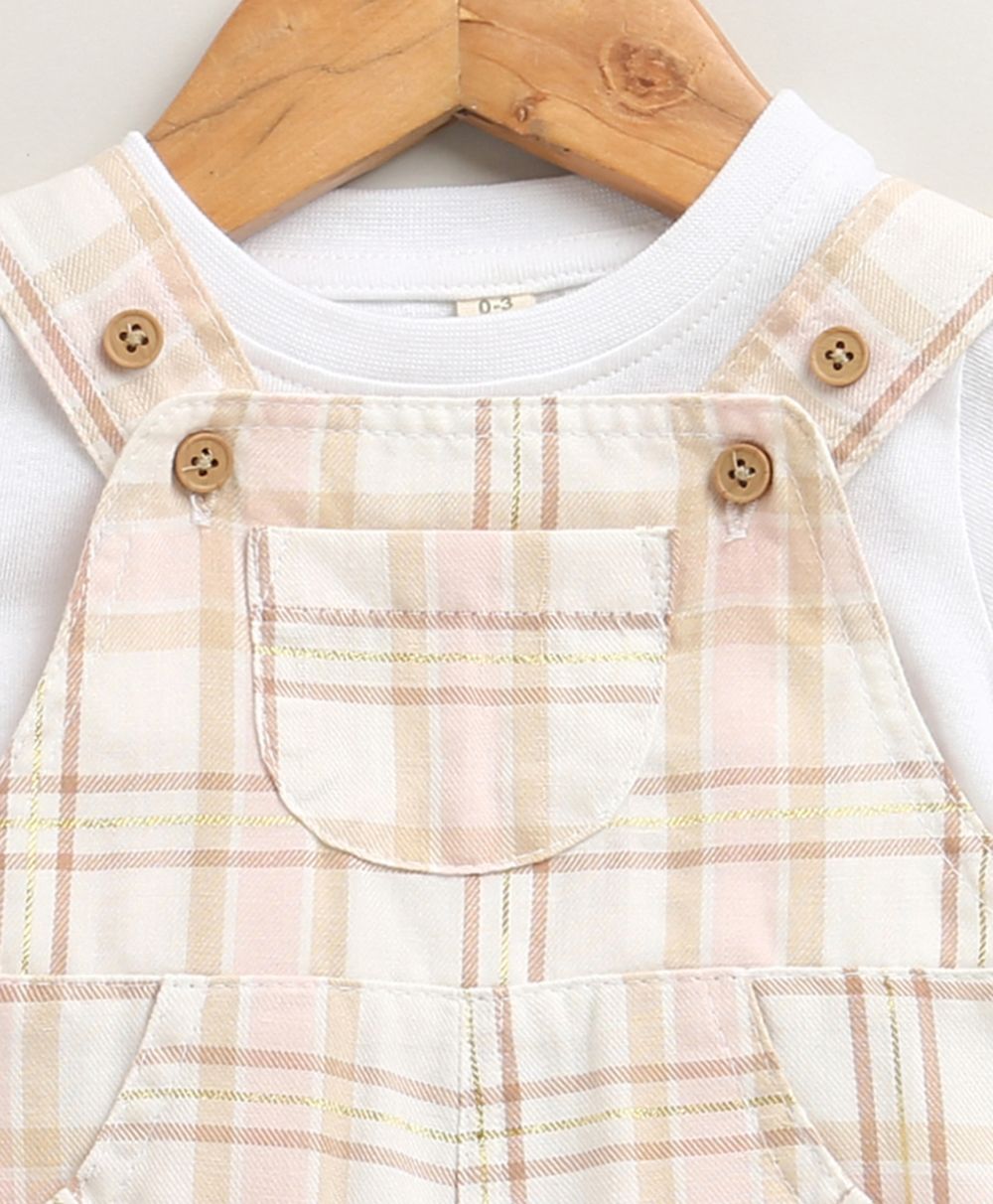 The Little Farmhouse Plaid Organic Cotton Romper & White T-shirt Set - Pink & Beige